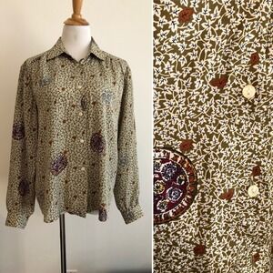 Primavera Firenze polyester blouse olive green leaf pattern with round circles